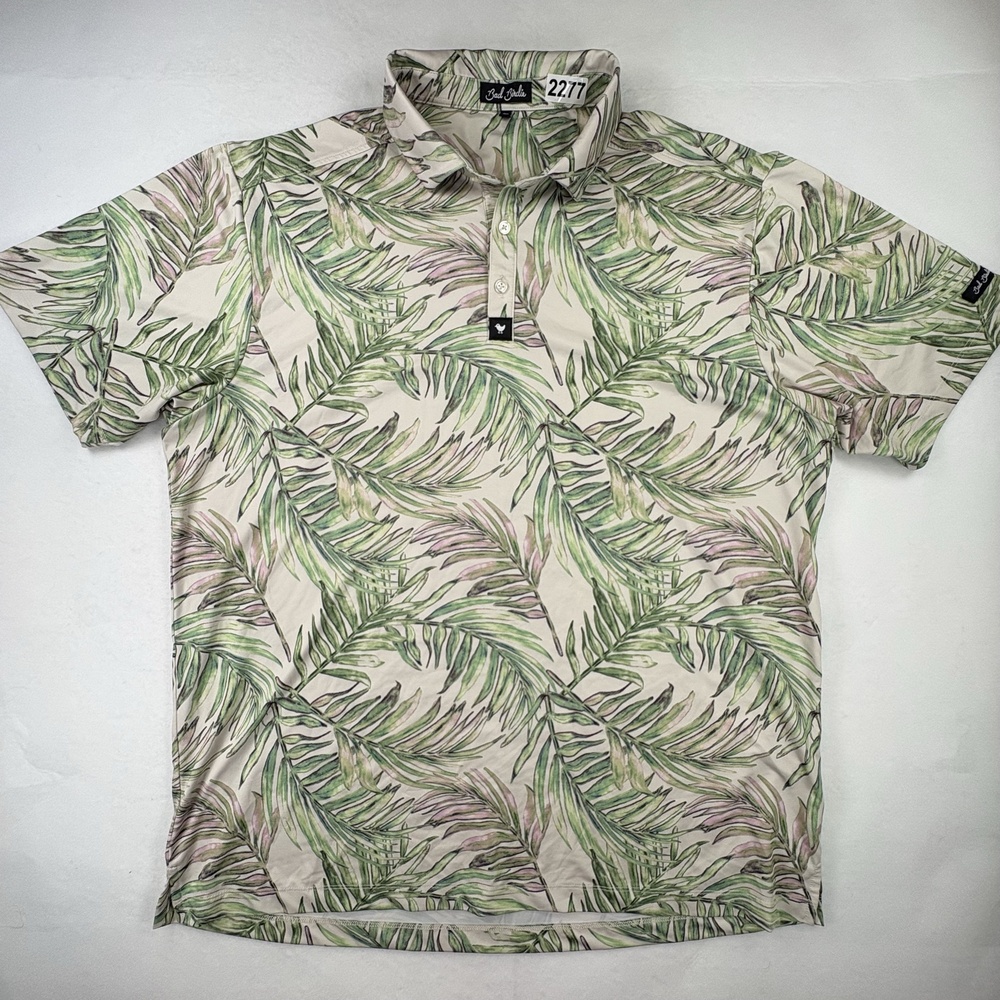 Bad Birdie Polo Shirt Mens 2XL Green Palm Leaf Print Golf Stretch Performance